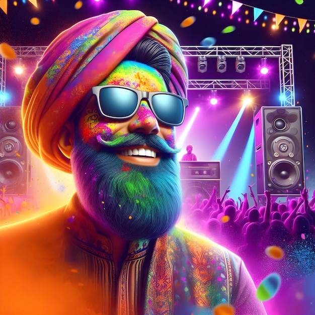 Happy Holi Art wishes DJ Music party colorful splash playing holi white background