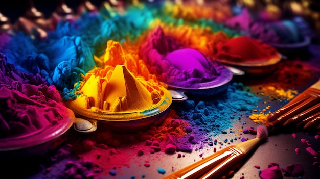 Happy holi festival celebration background with bowls full of dry color powder