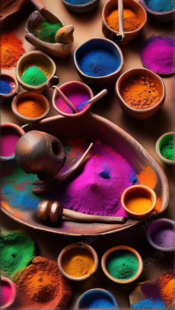 Photo happy holi festival colorful pot and powder vector illustration design