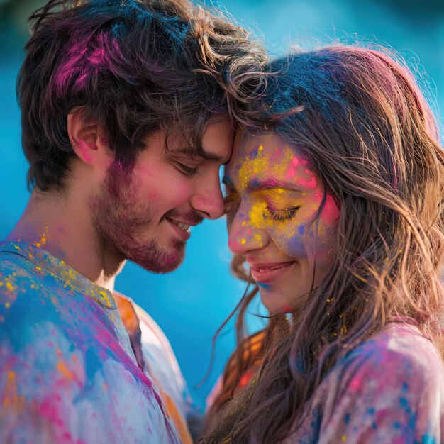 Happy Holi Festival Holi Hai indian couple celebrate festival Holi in Delhi AI