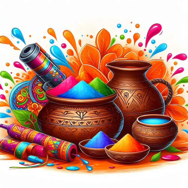 Happy holi festival illustration with colorful liquid splatter gulal in clay pot and watergun