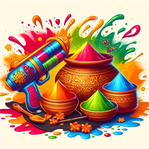 Happy holi festival illustration with colorful liquid splatter gulal in clay pot and watergun