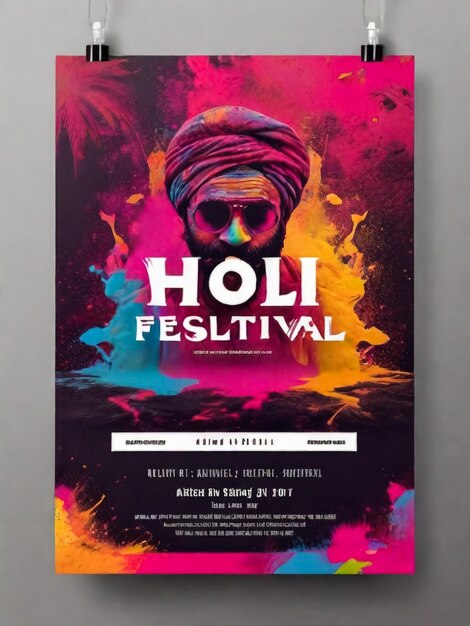 Photo happy holi festival party brochure flyer card template design with holi powder color bowls on multicolor background vector illustration