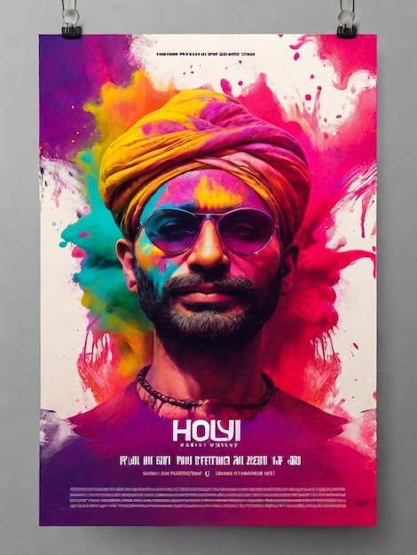 Foto happy holi festival party brochure flyer card template design con ciotole di colore holi powder su sfondo multicolore illustrazione vettoriale