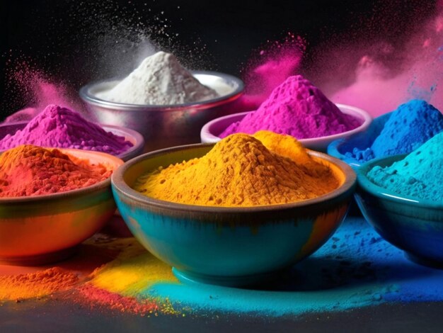 Happy Holi festive a group of bowls filled with different colore