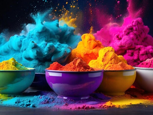 Happy Holi festive a group of bowls filled with different colore