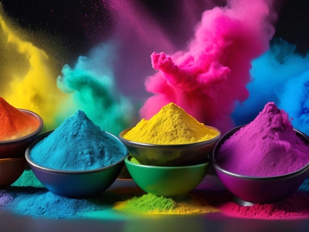 Happy Holi festive a group of bowls filled with different colore