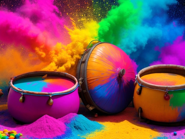 Foto happy holi festive with colorful drums