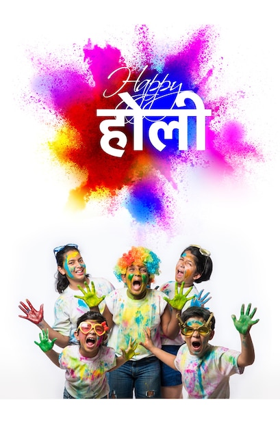 Happy Holi greeting card - indian small kids or friends or siblings celebrating Holi festival with gulal or powder colour, sweets, pichkari or spray