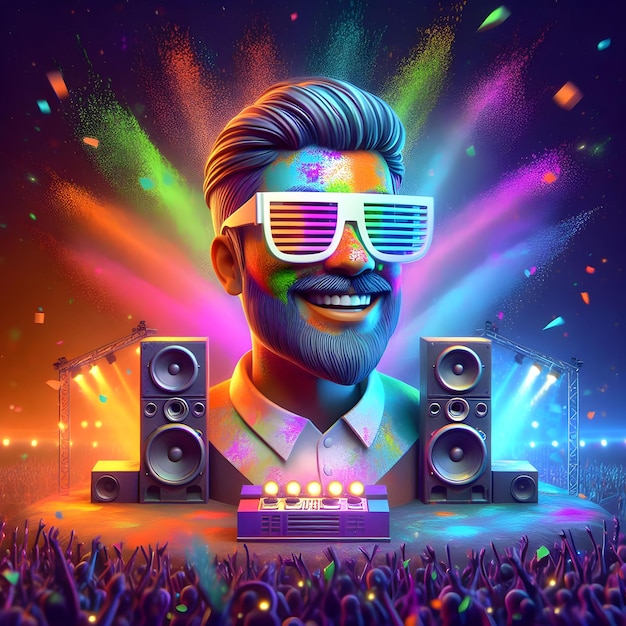 Happy Holi Kunst wens DJ Muziek feest kleurrijke splash spelen holi witte achtergrond