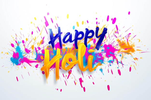 happy holi text wish in colorful and vibrant brush strokes and splatter of colors isolated on white