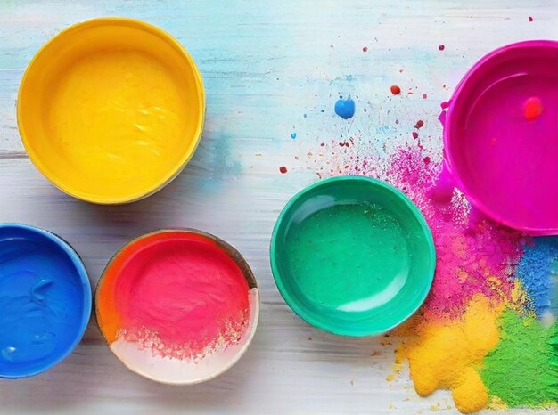 Happy holi top view of colorful holi colors in bowls with splash color festival