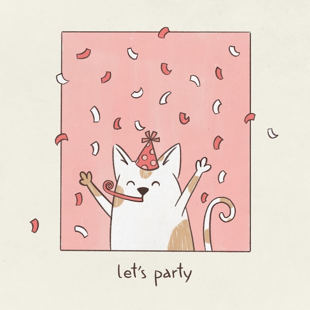 Happy holiday cat with confetti illustration Holiday postcard Party illustration