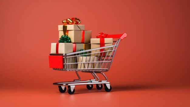 happy holiday idea in shopping cart with gift boxes