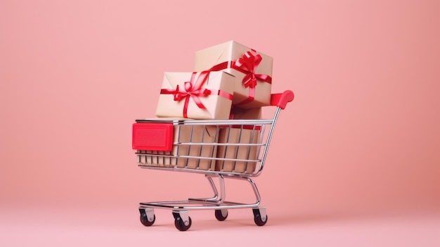 happy holiday idea in shopping cart with gift boxes