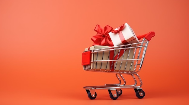 happy holiday idea in shopping cart with gift boxes