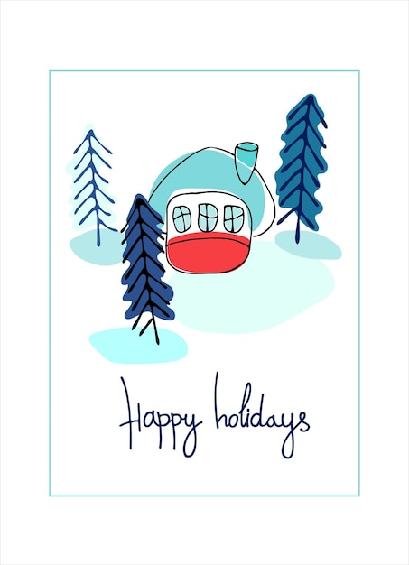 Happy Holidays greeting card banner Cartoonstyle winter cottage in the snow Winter holidays concept Rural recreation concept