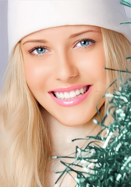 Happy holidays Merry Christmas and a woman wearing a white benny hat beauty and fashion Portrait of a lovely blonde woman grinning and enjoying the Christmas New Year and winter vacations