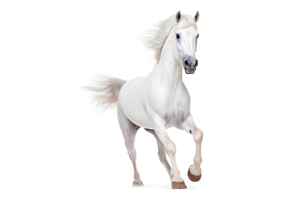 Happy horse prancing pure white background high contrast welllit sharp focus