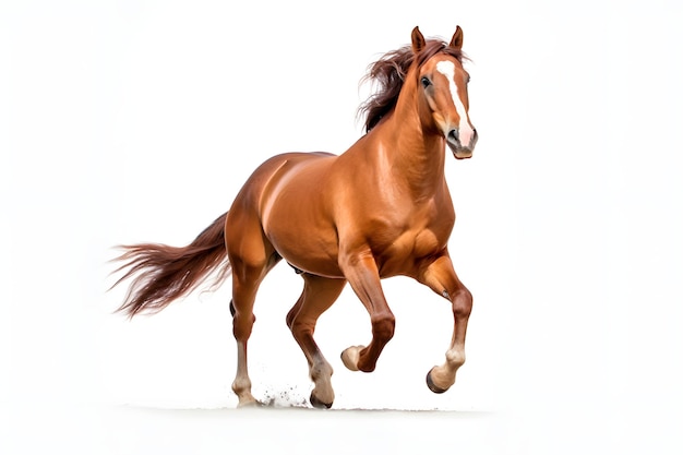 Счастливая лошадь, скачущая на чисто белом фоне, с высоким контрастом, хорошо освещенной, резкой фокусировкой.