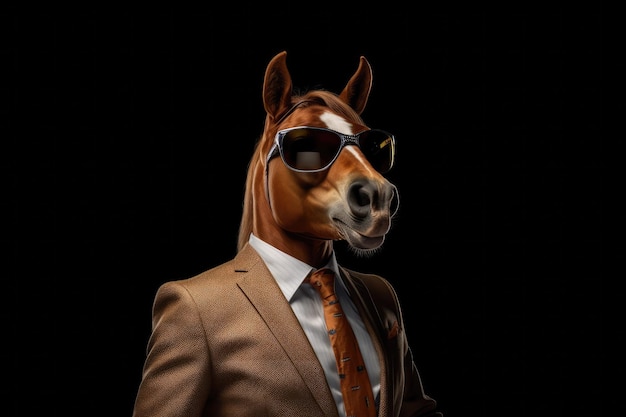 Happy Horse In Suit And Sunglasses On Black Background Generative AI