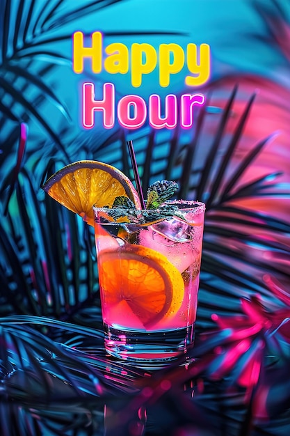 Happy hour neon bord boven een verfrissend zomer drankje