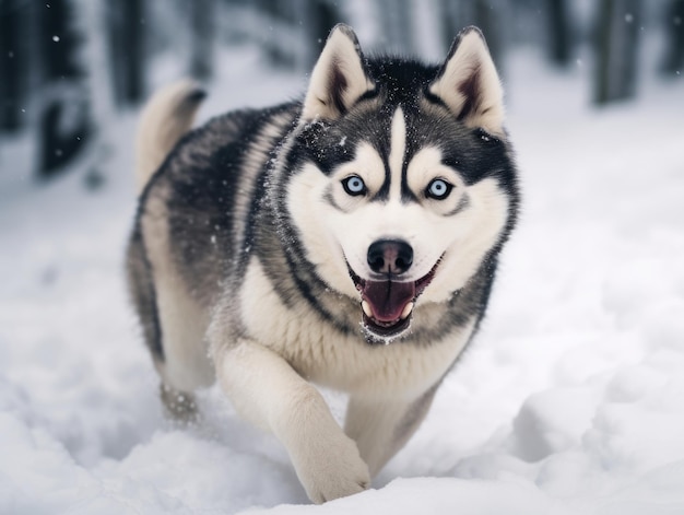 雪の中を走る目立つ青い目を持つ幸せなハスキー