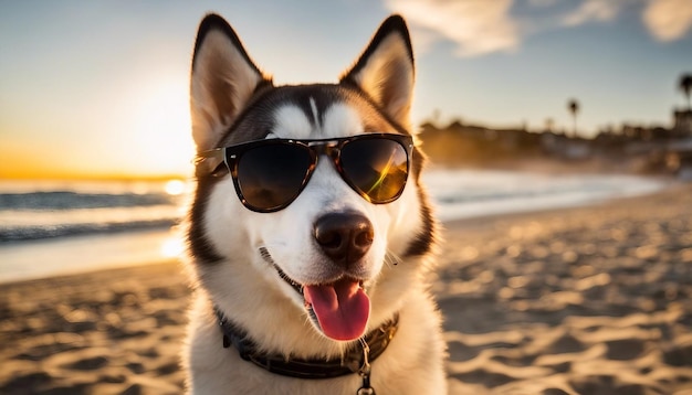 A happy Husky with sunglasses under the sunkissed California beach