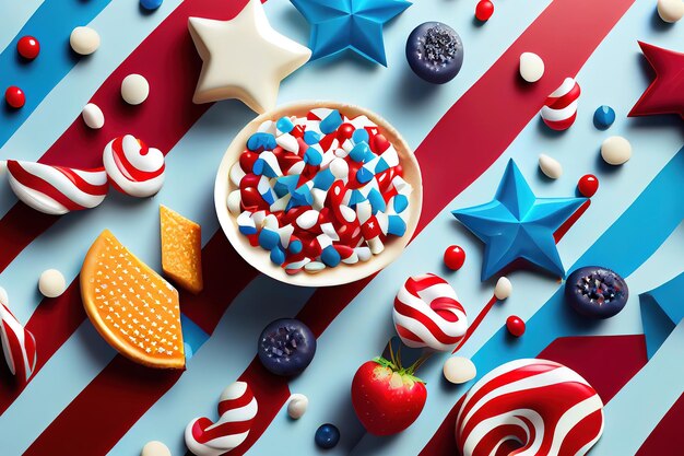 写真 幸せな独立記念日 7 月 4 日背景に甘い食べ物の星で飾られたアメリカの国旗