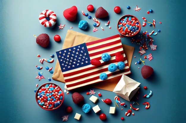 Happy Independence Day 4th july mockup with american flag and sweet foods decorated