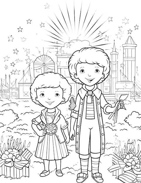 Happy independence day of america kids coloring page simple black and white no shading white background