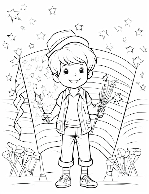 Photo happy independence day of america, kids coloring page, simple, black and white, no shading, white background