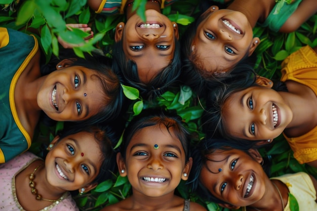 Foto felici bambini indiani e asiatici in cerchio al parco