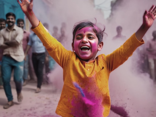 Foto felice ragazzo indiano con polvere di colore holi durante la celebrazione del festival holi nelle strade lì ar