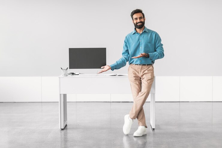 Photo happy indian businessman presenting blank computer monitor