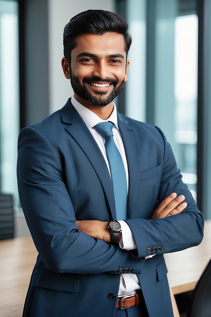 Happy Indian businessman professional leader standing arms crossed in office Smiling male employee business man company executive manager confident eastern entrepreneur at work portrait