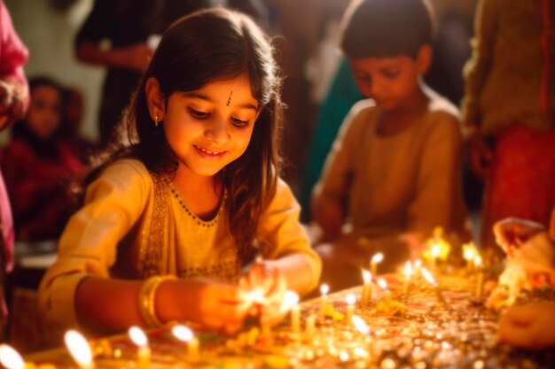 Foto bambini indiani felici con lampada a olio accesa a candele bokeh diwali sullo sfondo tradizionale festival delle luci deepavali celebrazione generata da ai