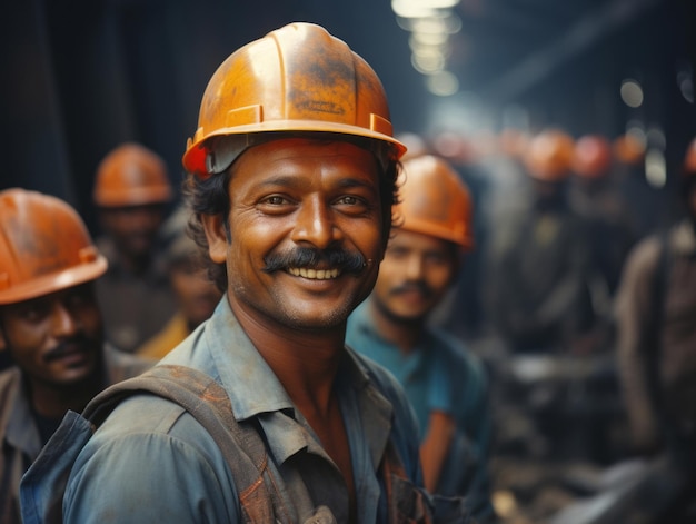 Happy indian construction site worker looking at camera smiling construction concept