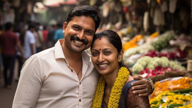 Happy Indian couple walking in a local Indian market