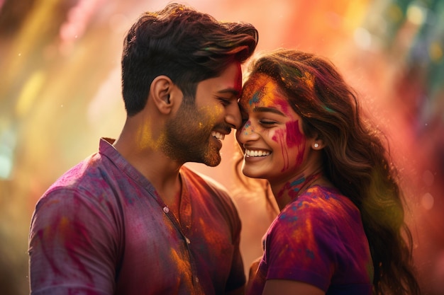 happy indian couple with holi powder on their face at holi festival bokeh style background