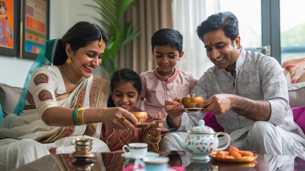Photo happy indian family enjoying tea time together capturing the moment with the camera