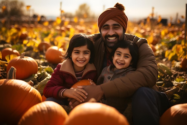 Photo a happy indian family at a pumpkin patch in the fall