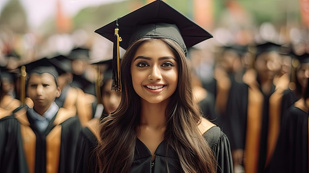 Happy indian female graduate against the background of university graduates Generative Ai