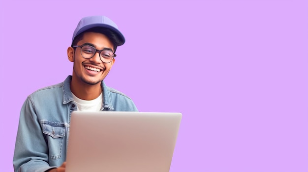 Счастливый индийский парень с ноутбуком работает или учится онлайн на сиреневом фоне