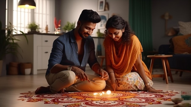 Happy indian husband helping to wife decorating rangoli with flowers for diwali