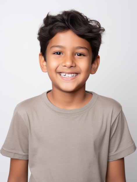 Happy Indian kid in casual clothing against a neutral background