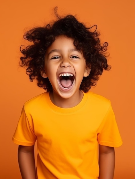 Happy Indian kid in casual clothing against a neutral background