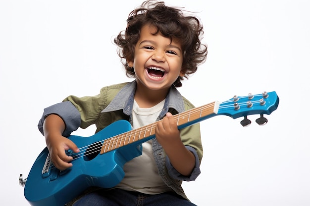 Happy indian kid playing guitar a musical instrument