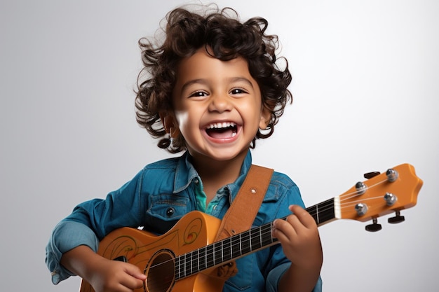 Счастливый индийский ребенок играет на гитаре и музыкальном инструменте
