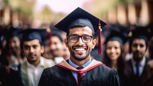 Happy indian male graduate against the background of university graduates Generative Ai